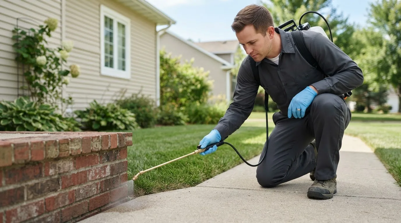 Pest control technician treating a home near Columbus City, IA