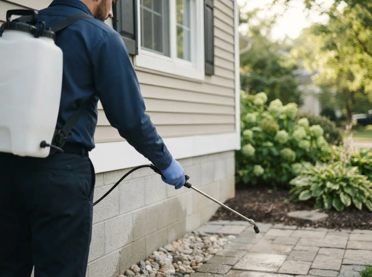 Pest control technician inspecting a home in Columbus City, IA
